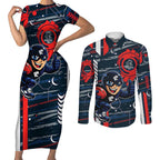 Carlton Football Club Couples Matching Short Sleeve Bodycon Dress and Long Sleeve Button Shirt Mascot Cartoon Football Illustration Style