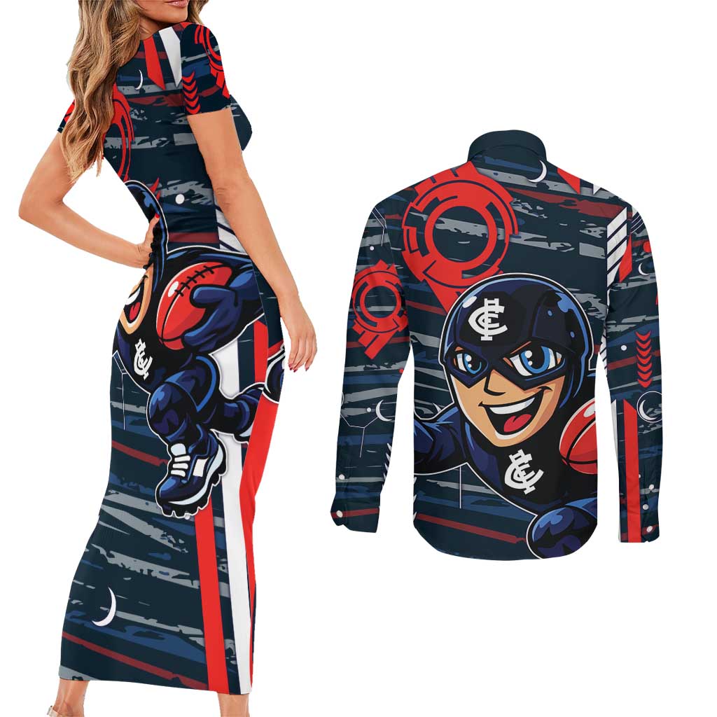 Carlton Football Club Couples Matching Short Sleeve Bodycon Dress and Long Sleeve Button Shirt Mascot Cartoon Football Illustration Style