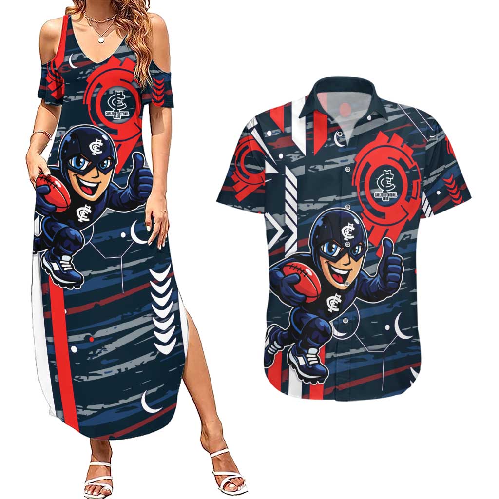 Carlton Football Club Couples Matching Summer Maxi Dress and Hawaiian Shirt Mascot Cartoon Football Illustration Style