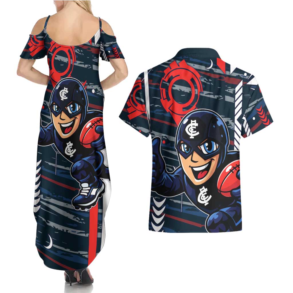 Carlton Football Club Couples Matching Summer Maxi Dress and Hawaiian Shirt Mascot Cartoon Football Illustration Style