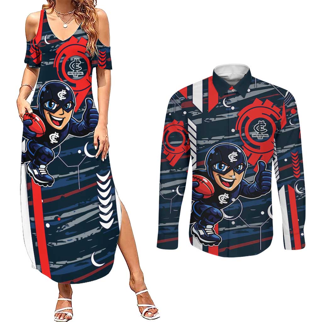 Carlton Football Club Couples Matching Summer Maxi Dress and Long Sleeve Button Shirt Mascot Cartoon Football Illustration Style