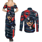Carlton Football Club Couples Matching Summer Maxi Dress and Long Sleeve Button Shirt Mascot Cartoon Football Illustration Style
