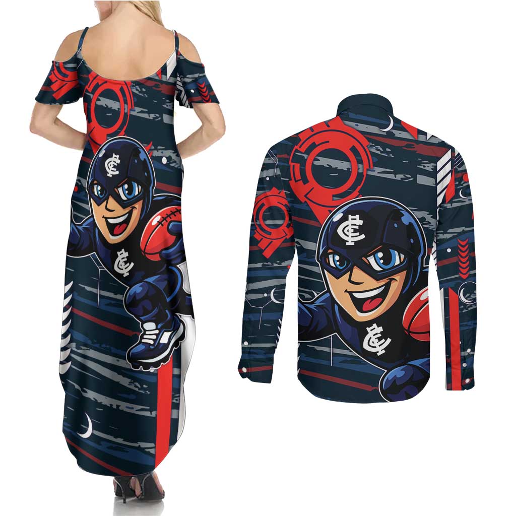 Carlton Football Club Couples Matching Summer Maxi Dress and Long Sleeve Button Shirt Mascot Cartoon Football Illustration Style