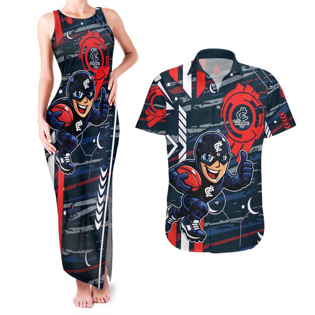 Carlton Football Club Couples Matching Tank Maxi Dress and Hawaiian Shirt Mascot Cartoon Football Illustration Style