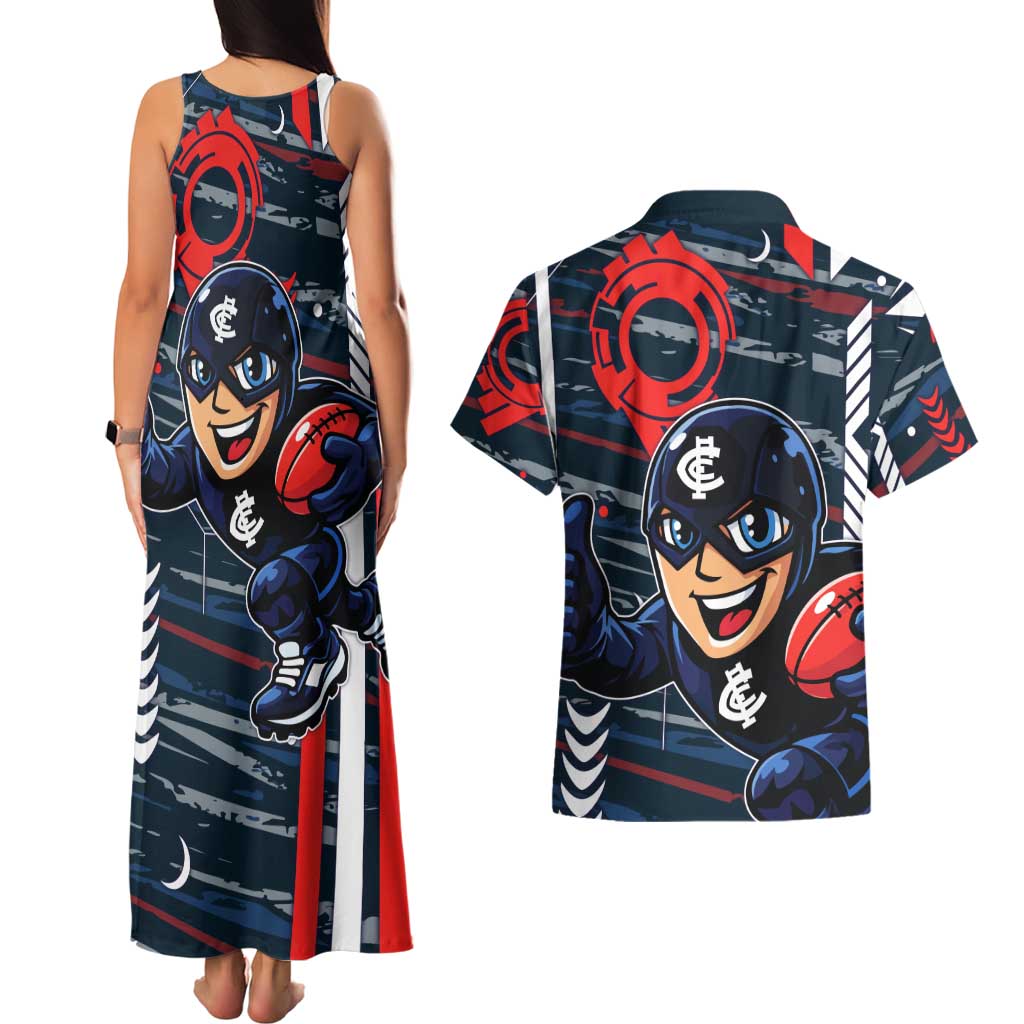 Carlton Football Club Couples Matching Tank Maxi Dress and Hawaiian Shirt Mascot Cartoon Football Illustration Style
