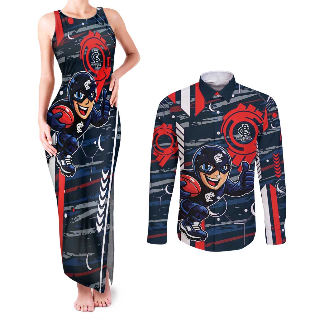 Carlton Football Club Couples Matching Tank Maxi Dress and Long Sleeve Button Shirt Mascot Cartoon Football Illustration Style