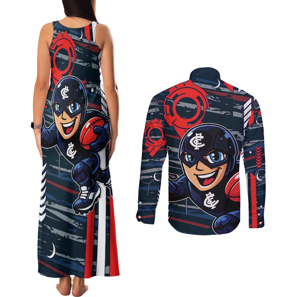 Carlton Football Club Couples Matching Tank Maxi Dress and Long Sleeve Button Shirt Mascot Cartoon Football Illustration Style