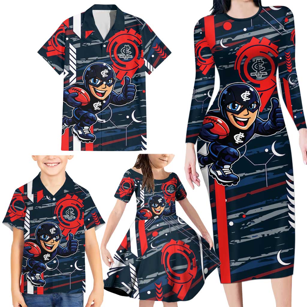 Carlton Football Club Family Matching Long Sleeve Bodycon Dress and Hawaiian Shirt Mascot Cartoon Football Illustration Style