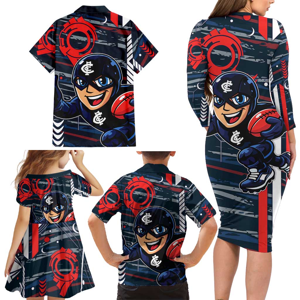 Carlton Football Club Family Matching Long Sleeve Bodycon Dress and Hawaiian Shirt Mascot Cartoon Football Illustration Style