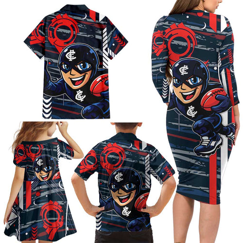 Carlton Football Club Family Matching Long Sleeve Bodycon Dress and Hawaiian Shirt Mascot Cartoon Football Illustration Style