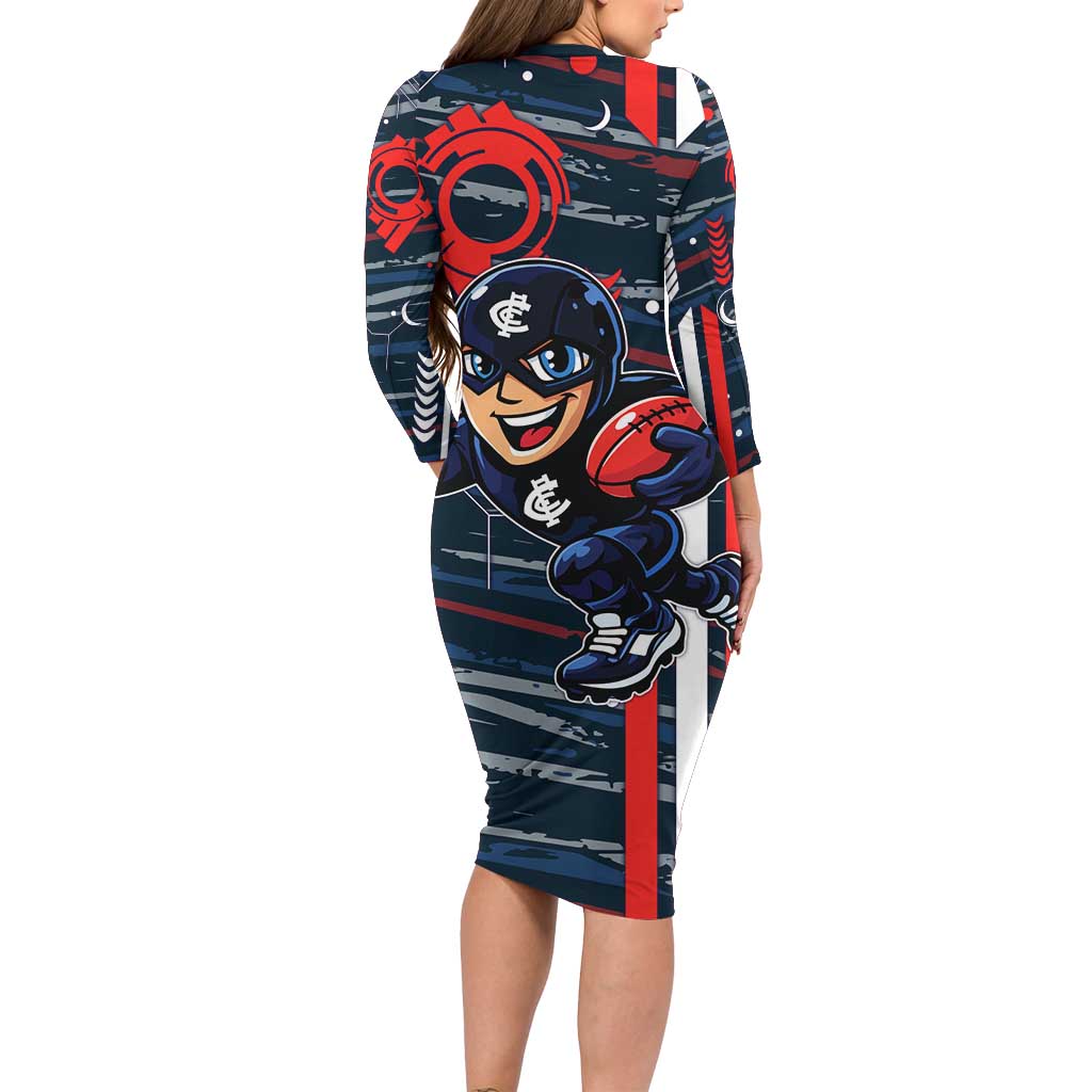 Carlton Football Club Family Matching Long Sleeve Bodycon Dress and Hawaiian Shirt Mascot Cartoon Football Illustration Style