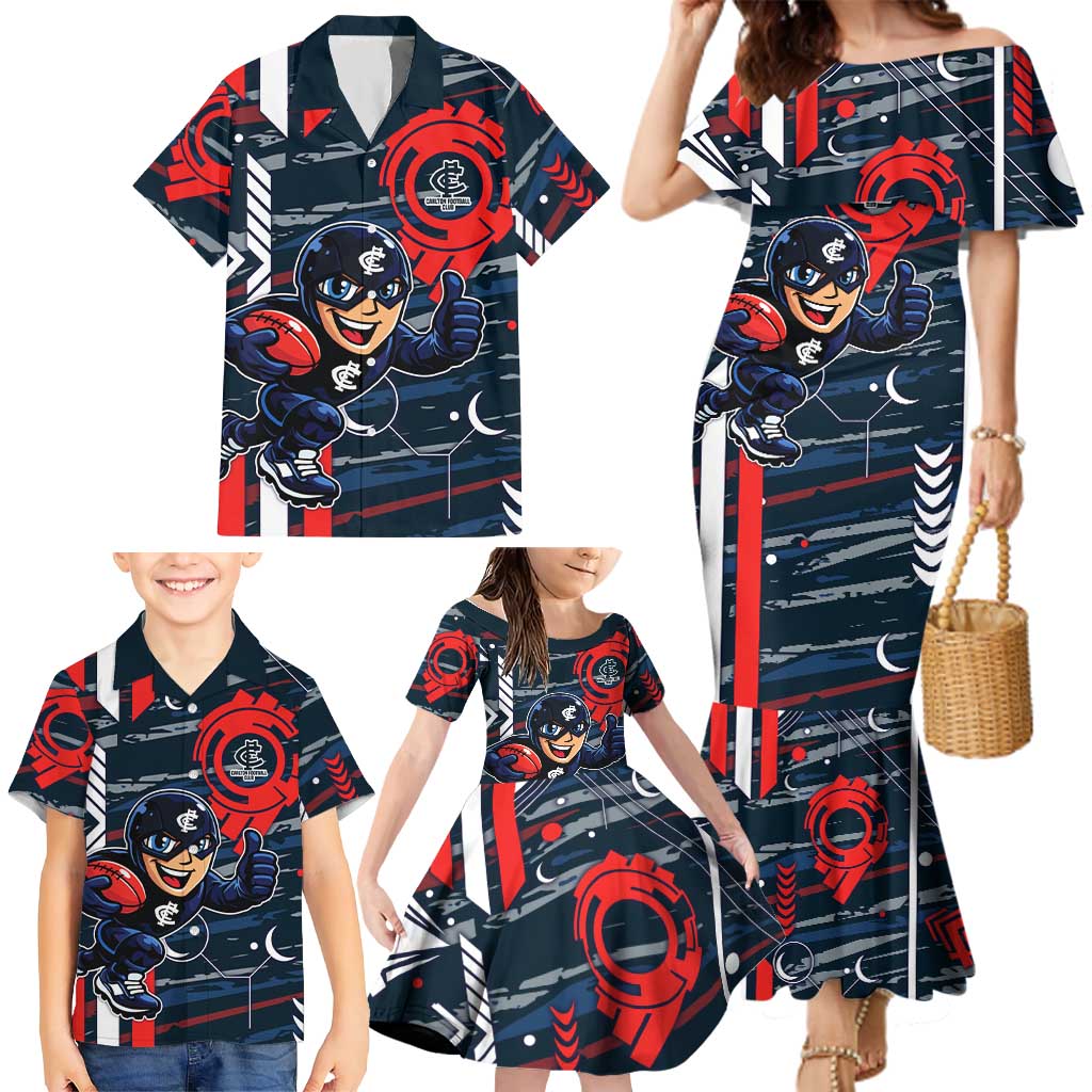Carlton Football Club Family Matching Mermaid Dress and Hawaiian Shirt Mascot Cartoon Football Illustration Style