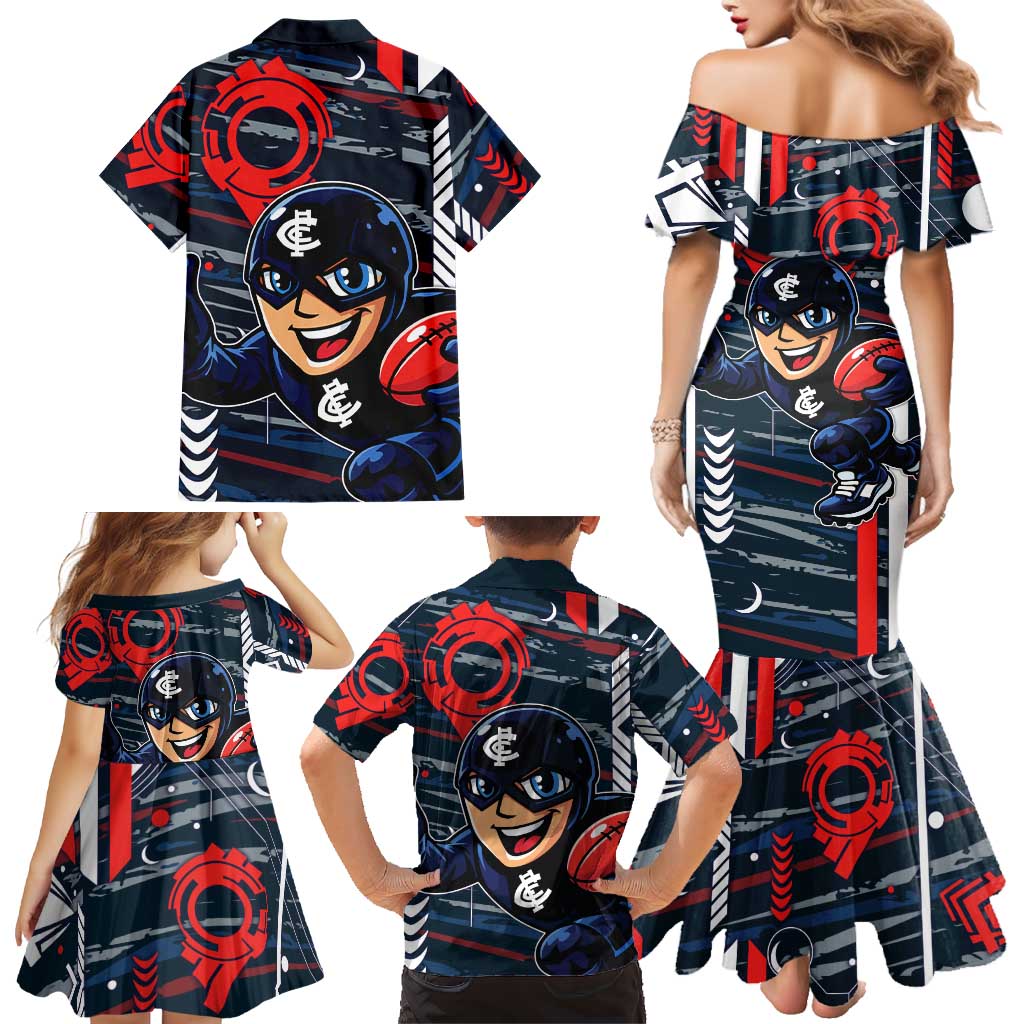 Carlton Football Club Family Matching Mermaid Dress and Hawaiian Shirt Mascot Cartoon Football Illustration Style