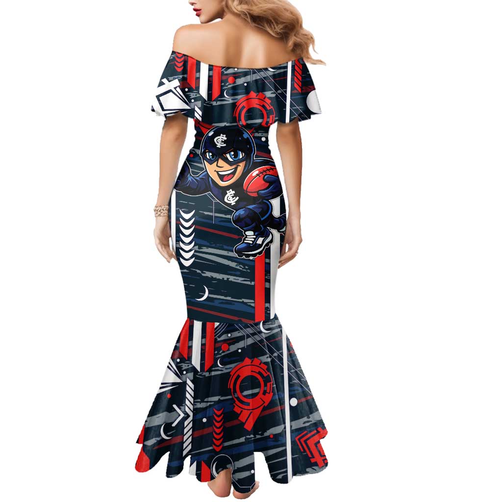 Carlton Football Club Family Matching Mermaid Dress and Hawaiian Shirt Mascot Cartoon Football Illustration Style