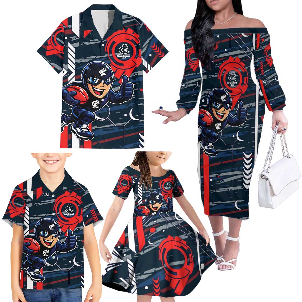 Carlton Football Club Family Matching Off The Shoulder Long Sleeve Dress and Hawaiian Shirt Mascot Cartoon Football Illustration Style