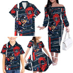 Carlton Football Club Family Matching Off The Shoulder Long Sleeve Dress and Hawaiian Shirt Mascot Cartoon Football Illustration Style