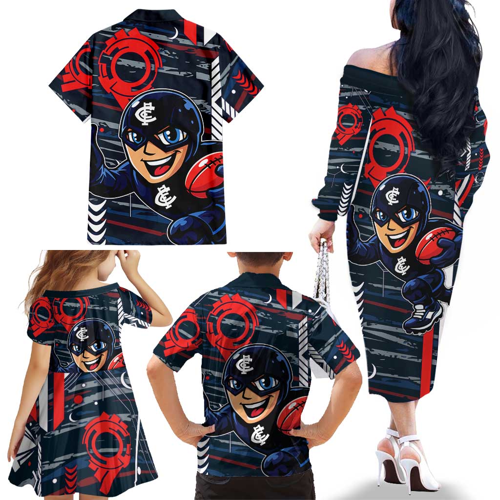 Carlton Football Club Family Matching Off The Shoulder Long Sleeve Dress and Hawaiian Shirt Mascot Cartoon Football Illustration Style