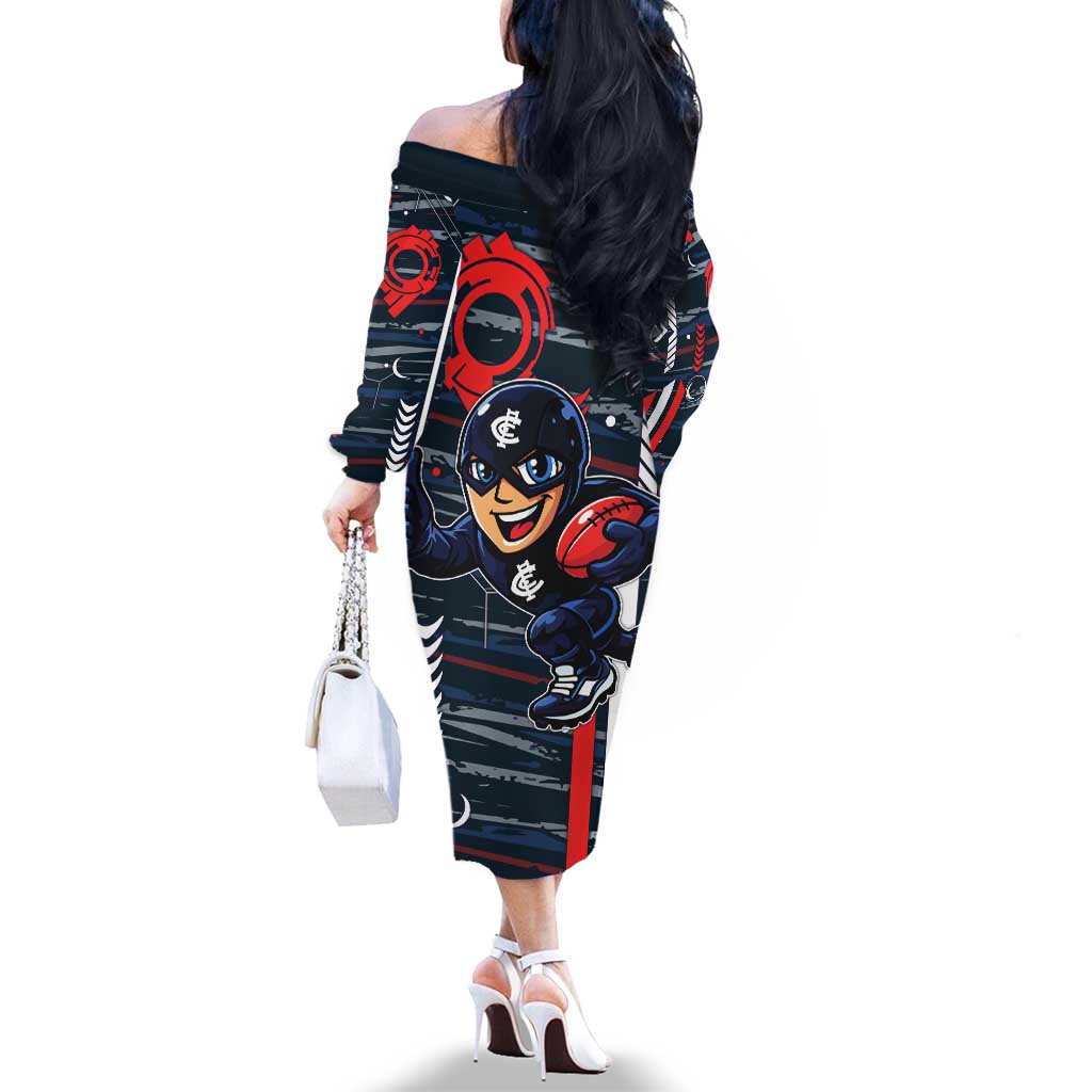 Carlton Football Club Family Matching Off The Shoulder Long Sleeve Dress and Hawaiian Shirt Mascot Cartoon Football Illustration Style