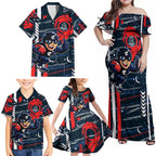 Carlton Football Club Family Matching Off Shoulder Maxi Dress and Hawaiian Shirt Mascot Cartoon Football Illustration Style