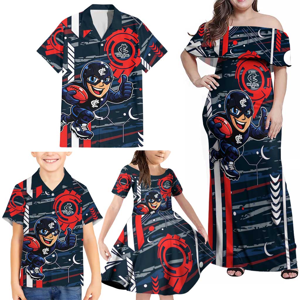 Carlton Football Club Family Matching Off Shoulder Maxi Dress and Hawaiian Shirt Mascot Cartoon Football Illustration Style