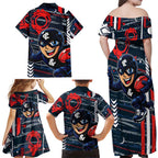 Carlton Football Club Family Matching Off Shoulder Maxi Dress and Hawaiian Shirt Mascot Cartoon Football Illustration Style