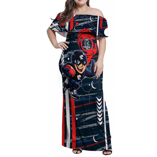 Carlton Football Club Family Matching Off Shoulder Maxi Dress and Hawaiian Shirt Mascot Cartoon Football Illustration Style