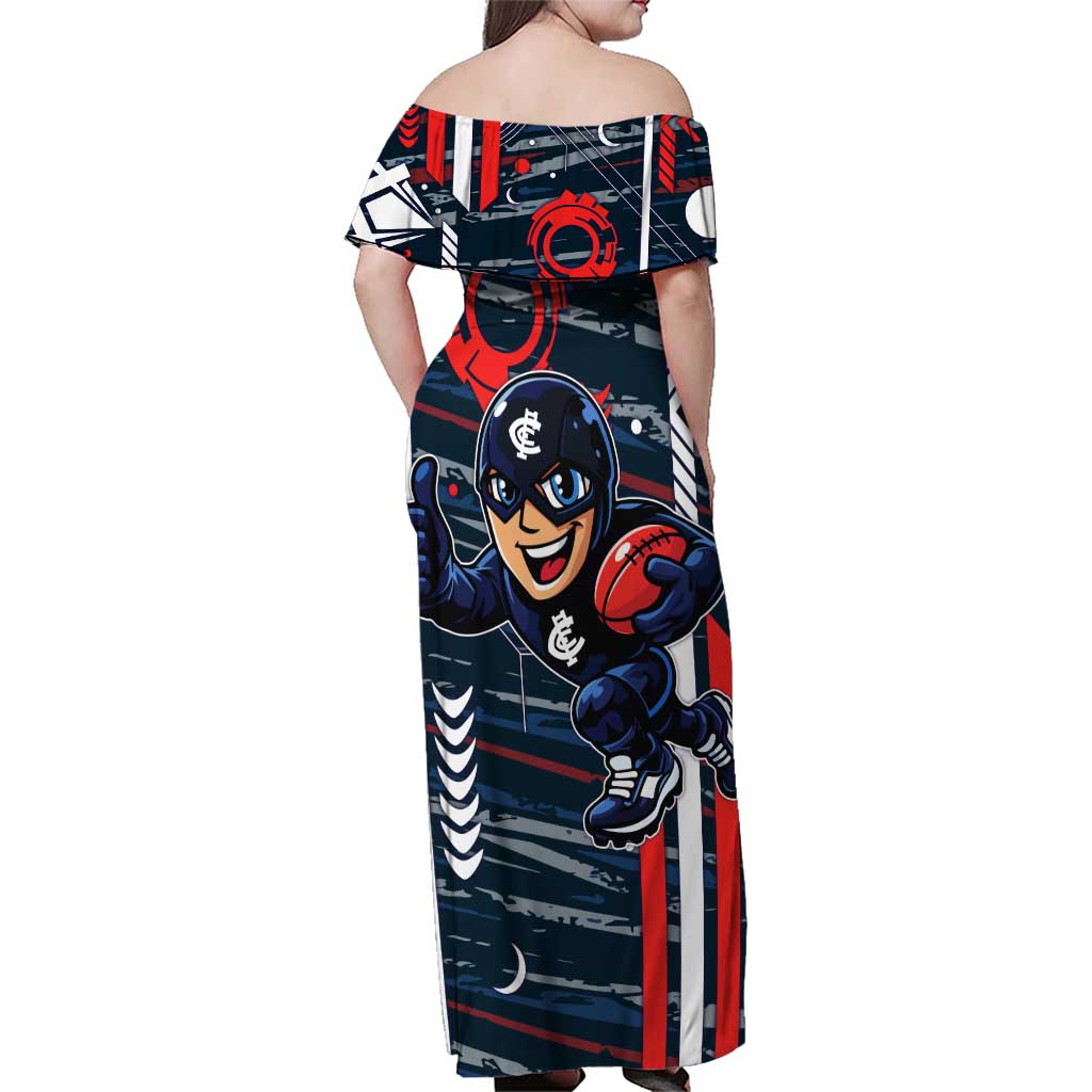 Carlton Football Club Family Matching Off Shoulder Maxi Dress and Hawaiian Shirt Mascot Cartoon Football Illustration Style