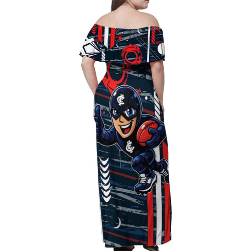 Carlton Football Club Family Matching Off Shoulder Maxi Dress and Hawaiian Shirt Mascot Cartoon Football Illustration Style