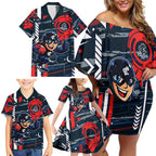 Carlton Football Club Family Matching Off Shoulder Short Dress and Hawaiian Shirt Mascot Cartoon Football Illustration Style