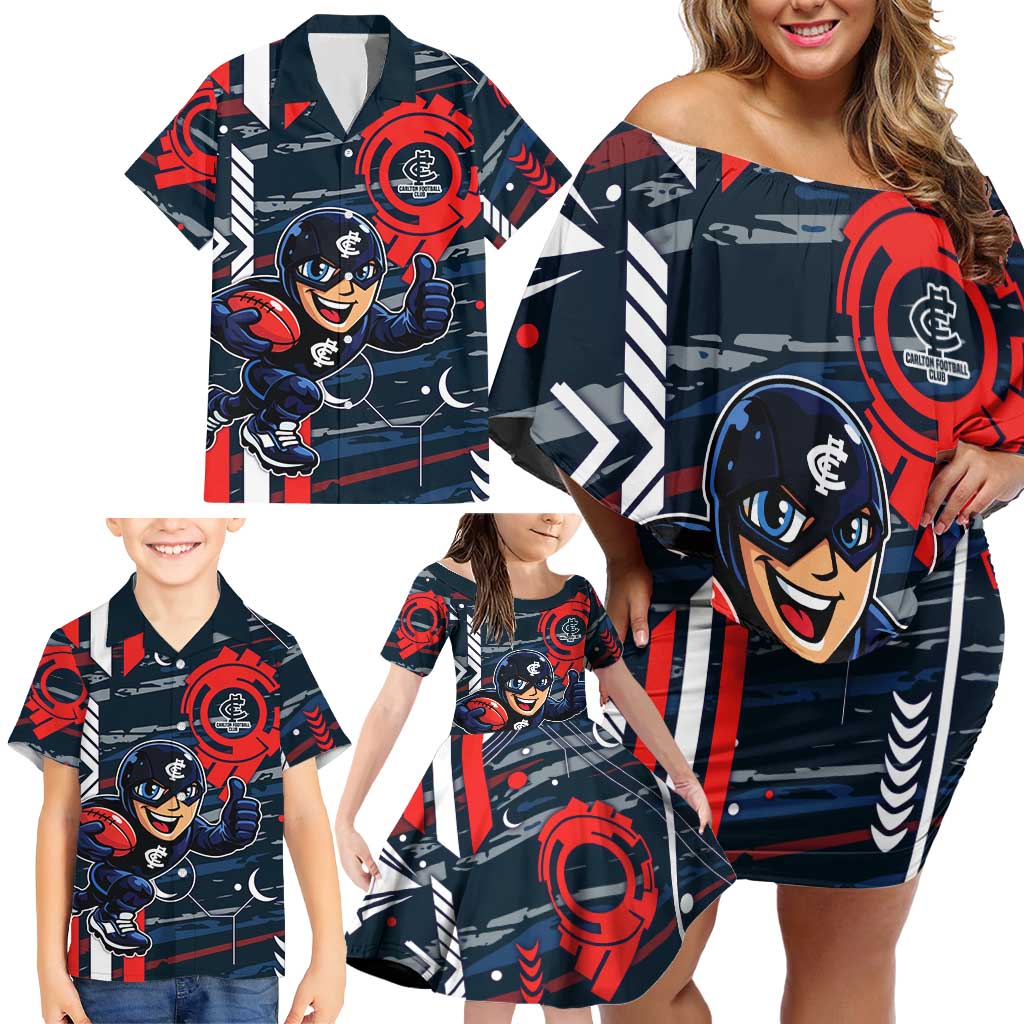 Carlton Football Club Family Matching Off Shoulder Short Dress and Hawaiian Shirt Mascot Cartoon Football Illustration Style