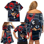 Carlton Football Club Family Matching Off Shoulder Short Dress and Hawaiian Shirt Mascot Cartoon Football Illustration Style