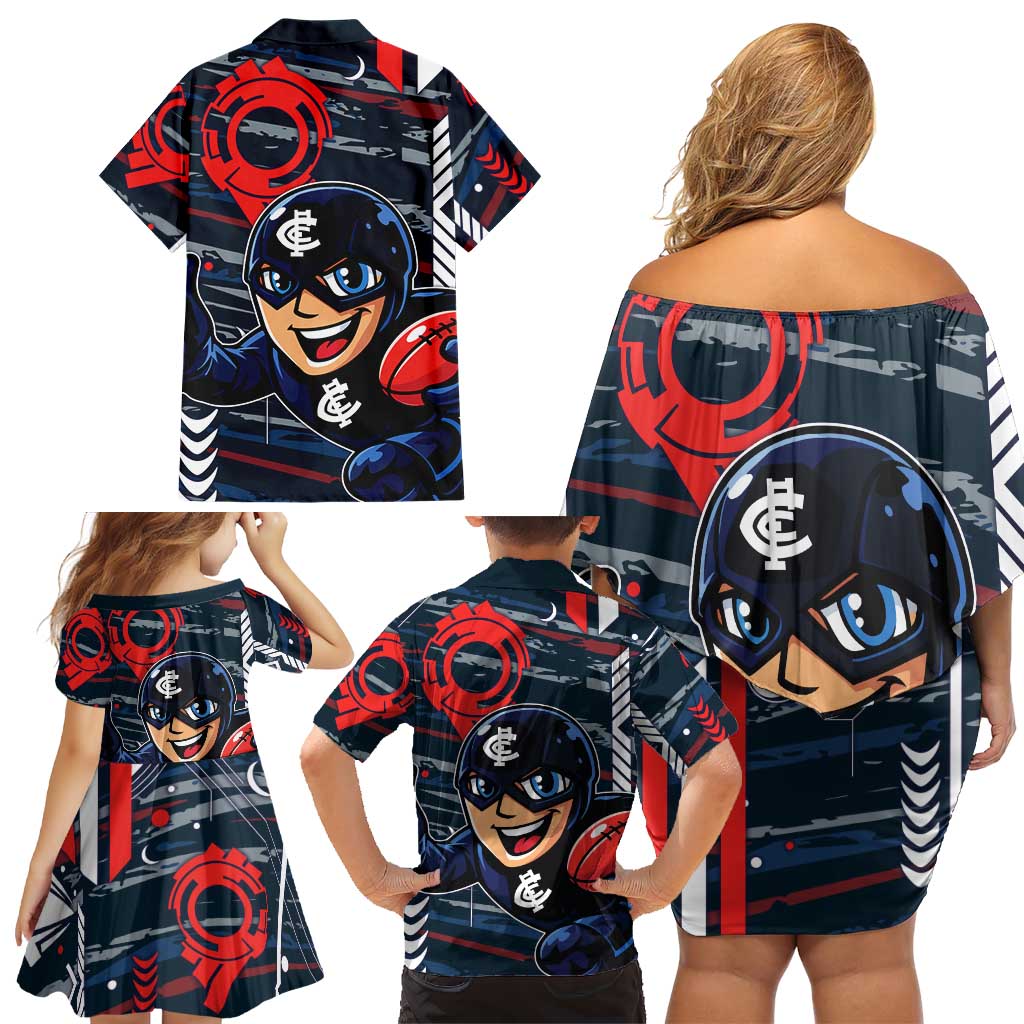 Carlton Football Club Family Matching Off Shoulder Short Dress and Hawaiian Shirt Mascot Cartoon Football Illustration Style