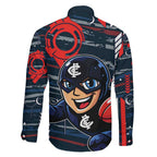 Carlton Football Club Family Matching Off Shoulder Short Dress and Hawaiian Shirt Mascot Cartoon Football Illustration Style