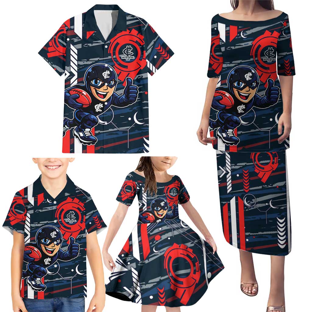 Carlton Football Club Family Matching Puletasi and Hawaiian Shirt Mascot Cartoon Football Illustration Style