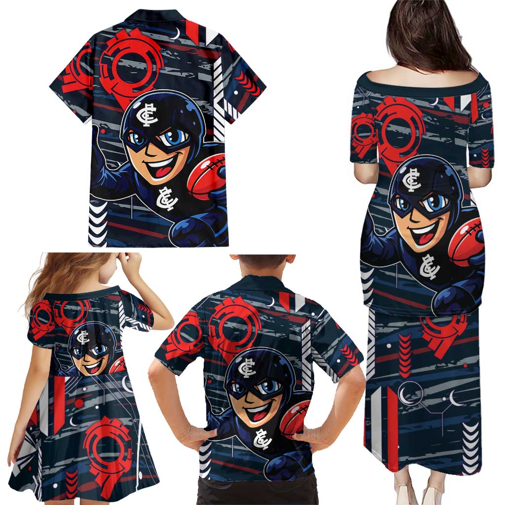 Carlton Football Club Family Matching Puletasi and Hawaiian Shirt Mascot Cartoon Football Illustration Style