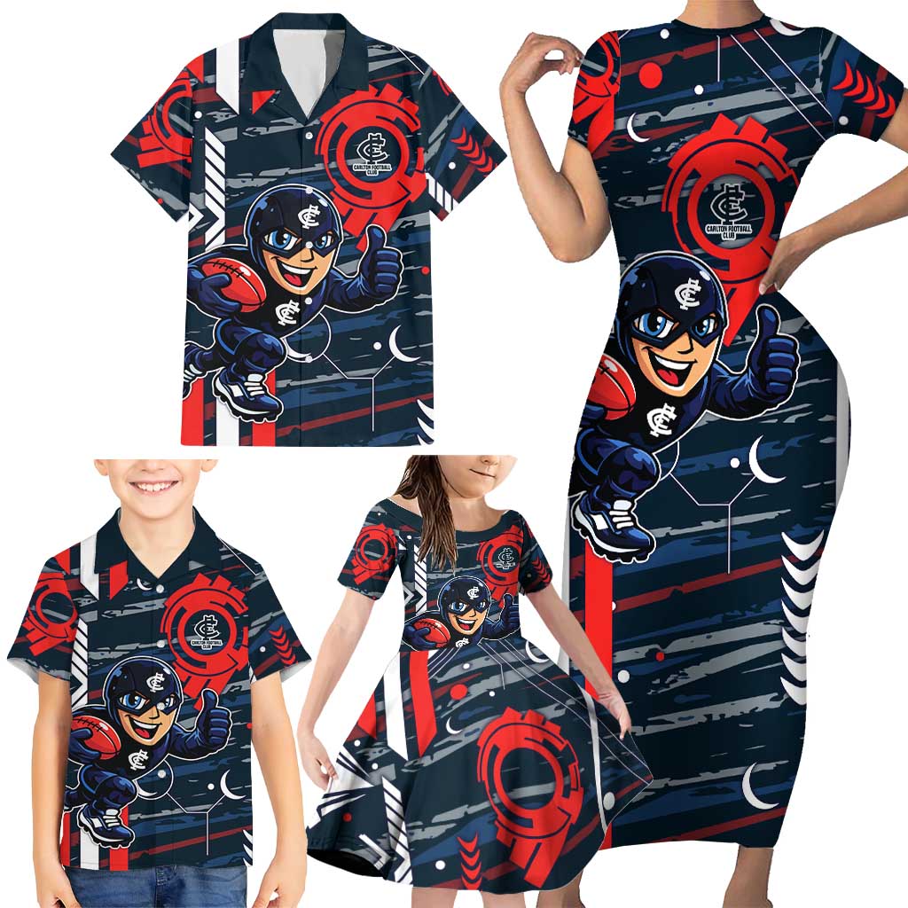 Carlton Football Club Family Matching Short Sleeve Bodycon Dress and Hawaiian Shirt Mascot Cartoon Football Illustration Style