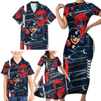 Carlton Football Club Family Matching Short Sleeve Bodycon Dress and Hawaiian Shirt Mascot Cartoon Football Illustration Style