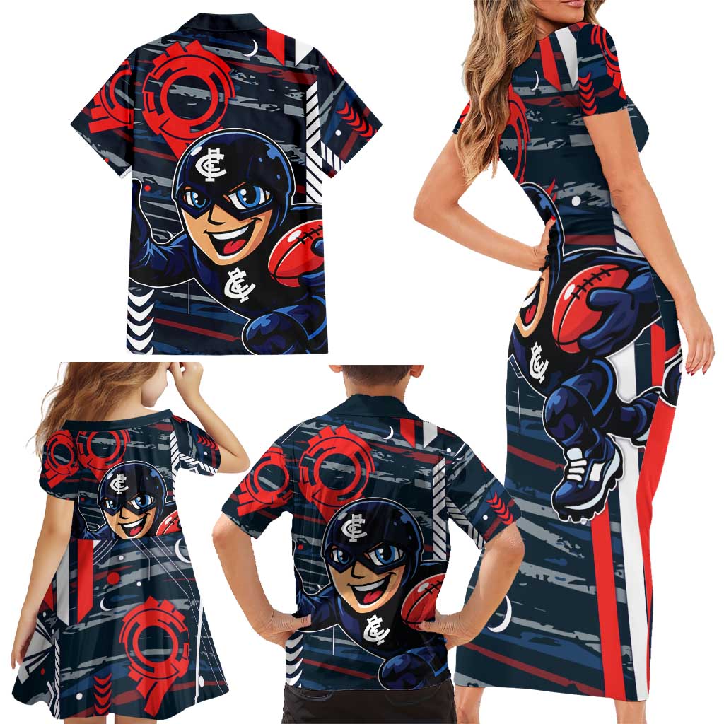 Carlton Football Club Family Matching Short Sleeve Bodycon Dress and Hawaiian Shirt Mascot Cartoon Football Illustration Style