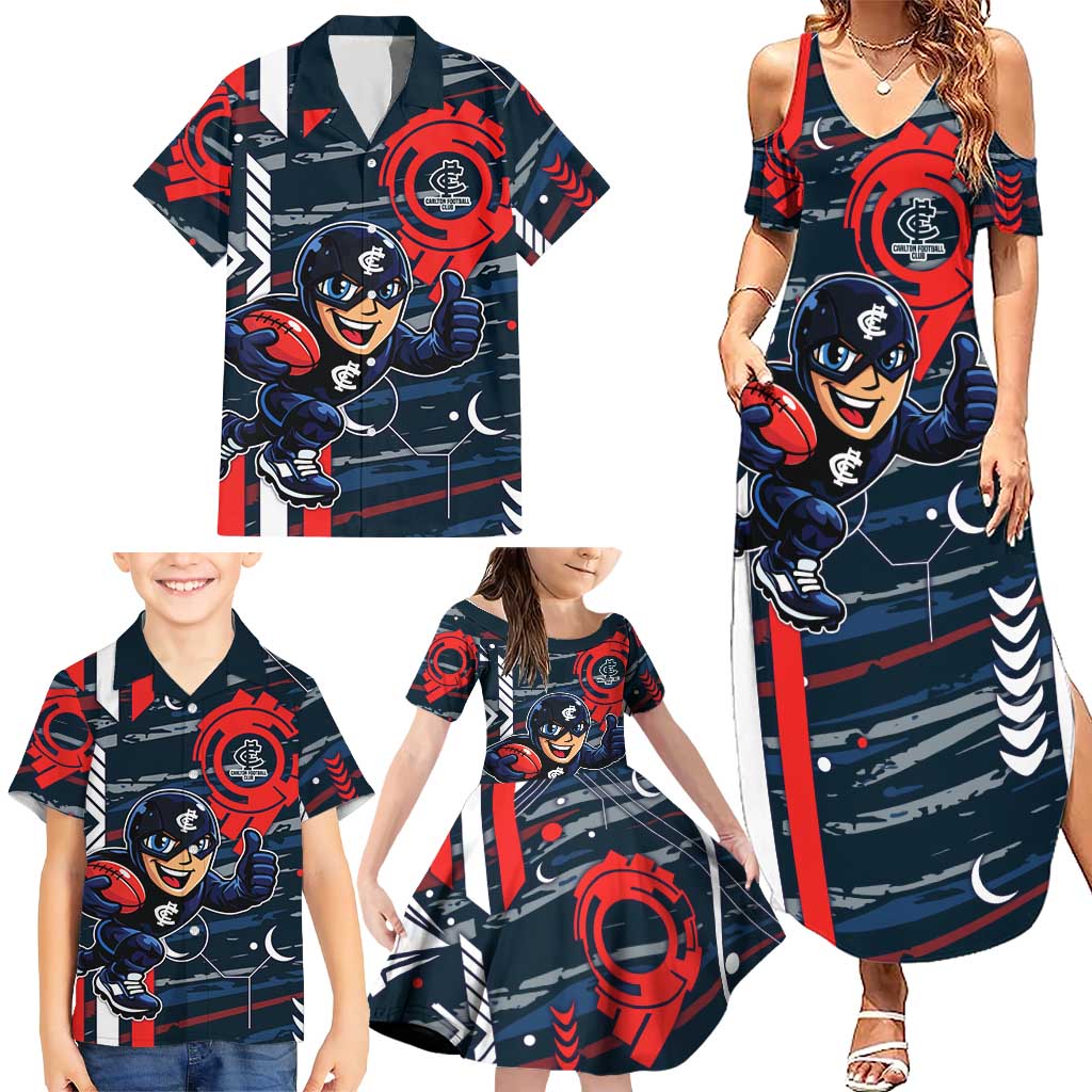 Carlton Football Club Family Matching Summer Maxi Dress and Hawaiian Shirt Mascot Cartoon Football Illustration Style