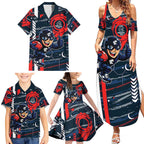 Carlton Football Club Family Matching Summer Maxi Dress and Hawaiian Shirt Mascot Cartoon Football Illustration Style