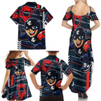 Carlton Football Club Family Matching Summer Maxi Dress and Hawaiian Shirt Mascot Cartoon Football Illustration Style