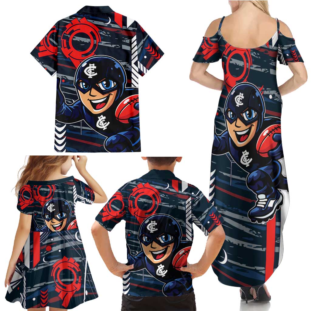 Carlton Football Club Family Matching Summer Maxi Dress and Hawaiian Shirt Mascot Cartoon Football Illustration Style