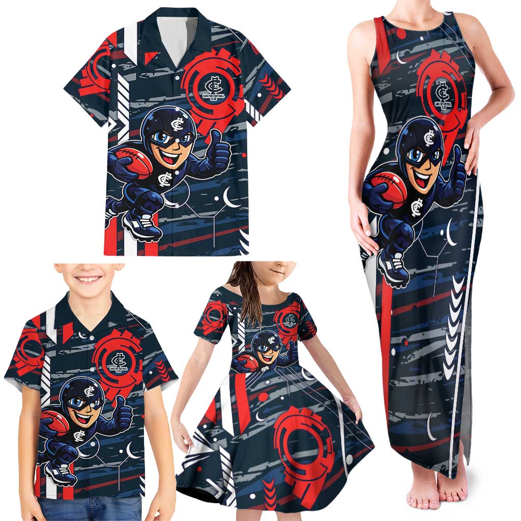 Carlton Football Club Family Matching Tank Maxi Dress and Hawaiian Shirt Mascot Cartoon Football Illustration Style