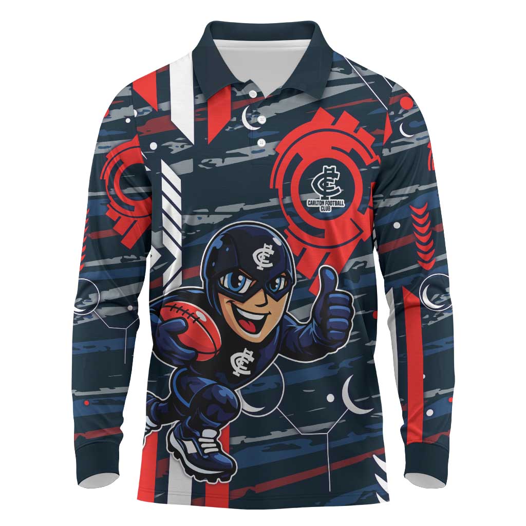 Carlton Football Club Long Sleeve Polo Shirt Mascot Cartoon Football Illustration Style