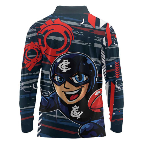 Carlton Football Club Long Sleeve Polo Shirt Mascot Cartoon Football Illustration Style