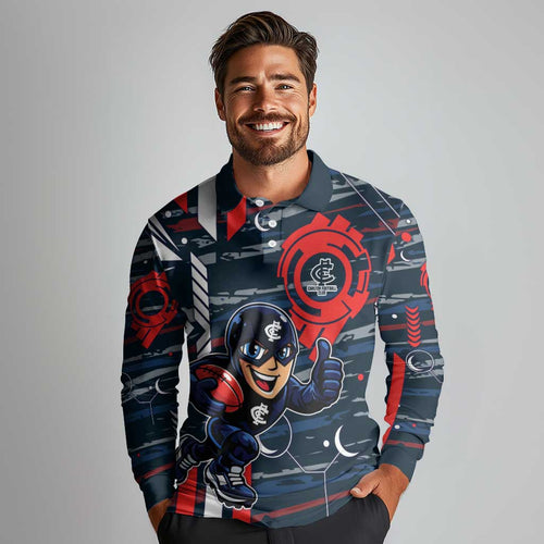Carlton Football Club Long Sleeve Polo Shirt Mascot Cartoon Football Illustration Style