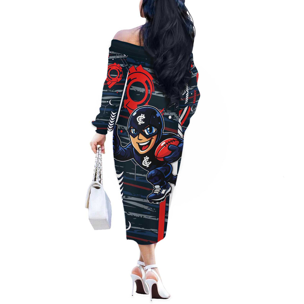 Carlton Football Club Off The Shoulder Long Sleeve Dress Mascot Cartoon Football Illustration Style
