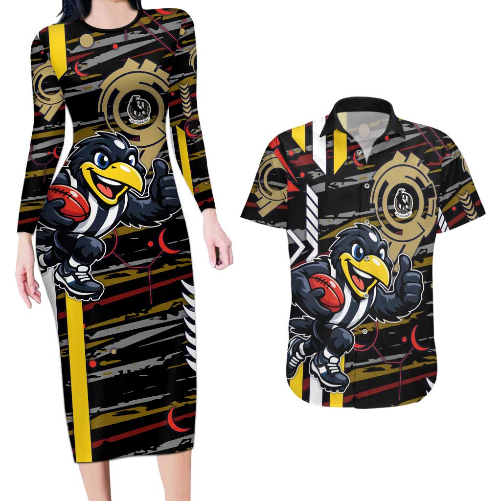 Collingwood Football Club Couples Matching Long Sleeve Bodycon Dress and Hawaiian Shirt Mascot Cartoon Football Illustration Style