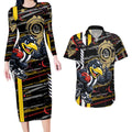 Collingwood Football Club Couples Matching Long Sleeve Bodycon Dress and Hawaiian Shirt Mascot Cartoon Football Illustration Style