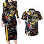 Collingwood Football Club Couples Matching Long Sleeve Bodycon Dress and Hawaiian Shirt Mascot Cartoon Football Illustration Style